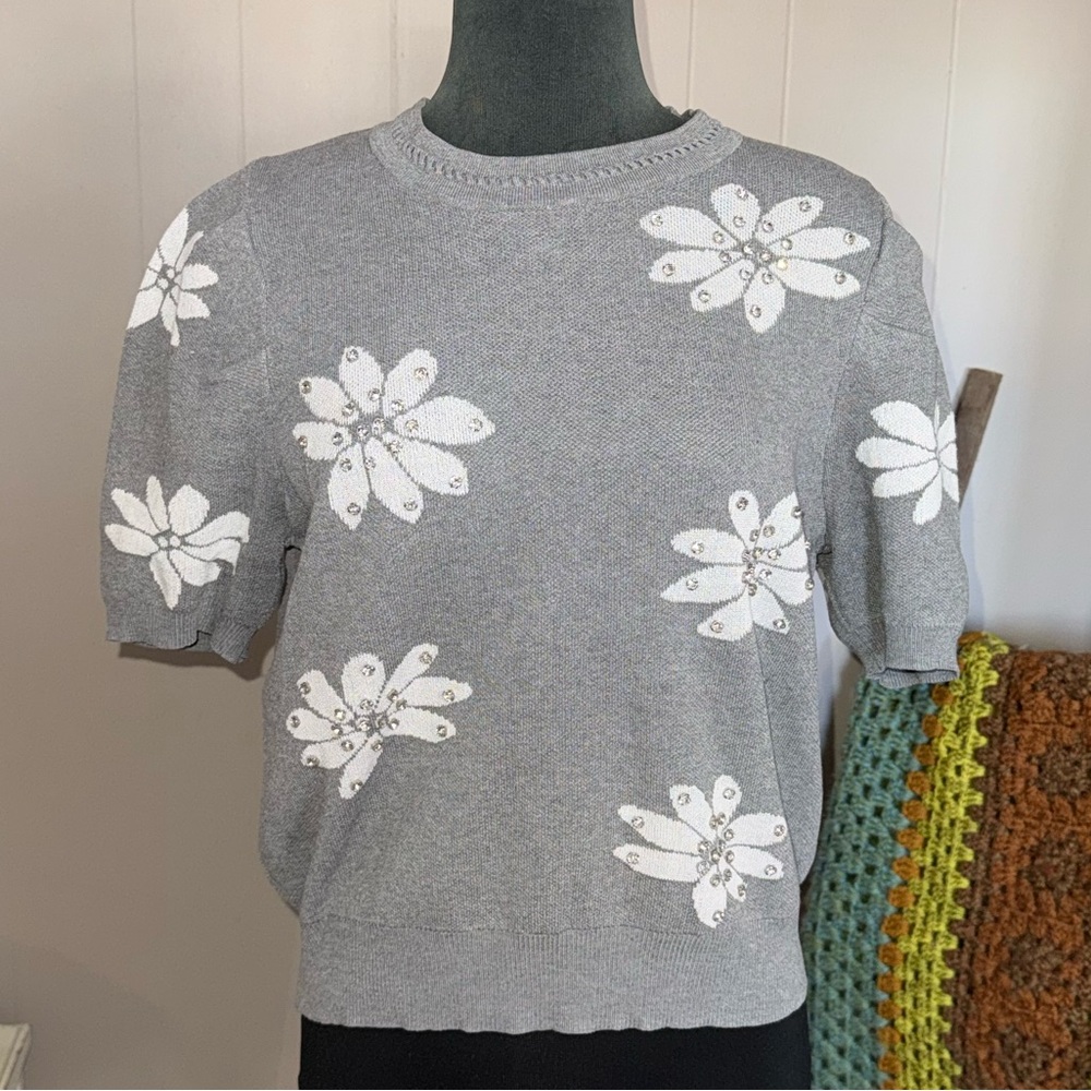 Nanette Lepore Gray Sweater with White Floral Embellishments